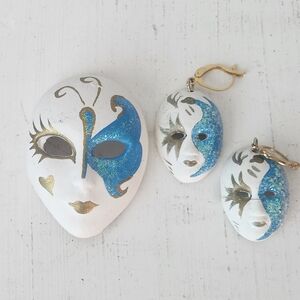Venetian Porcelain Hand Crafted Mask Brooch & Earring Set (One Earring Not Mint)